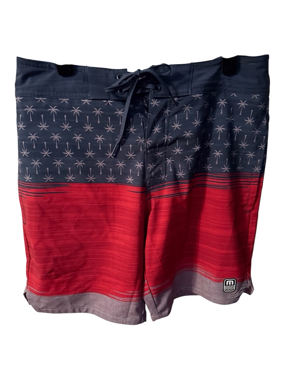 Travis Mathew Navy & Red Palm-Print Colorblock Swim Shorts